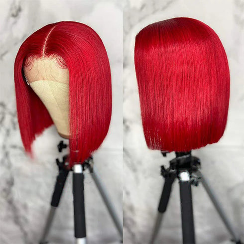 Red Straight 13x4 Lace Front Human Hair Bob Wigs
